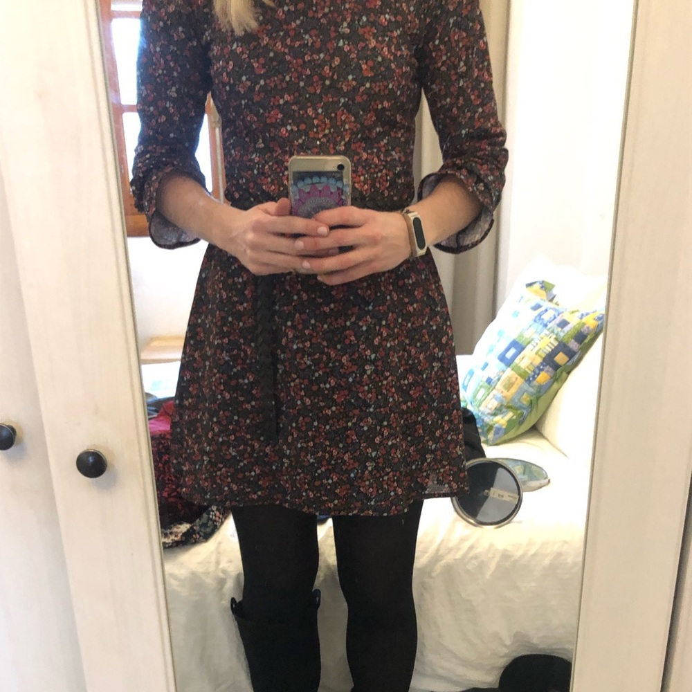 Lefties Black or Navy Ditsy Floral Print Ruffle Long Sleeve Mini Dress